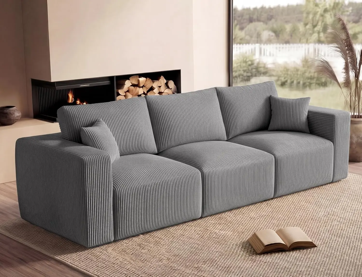 Modular Cloud Sectional Sofa, 115" Corduroy 3-Seater Couch with Memory Foam, Deep Seat, No Assembly Required for Living Room & Apartment(2 Packages)  Sofa de memori fom