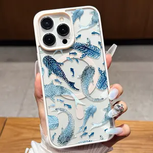 Apple Magnetic Phone Case Blue Whale Group Pattern Transparent Protective Cover Compatible with iPhone 14/13/12 Series Shockproof TPU Material HD Printing Lightweight and Durable Stylish Ocean Style Un