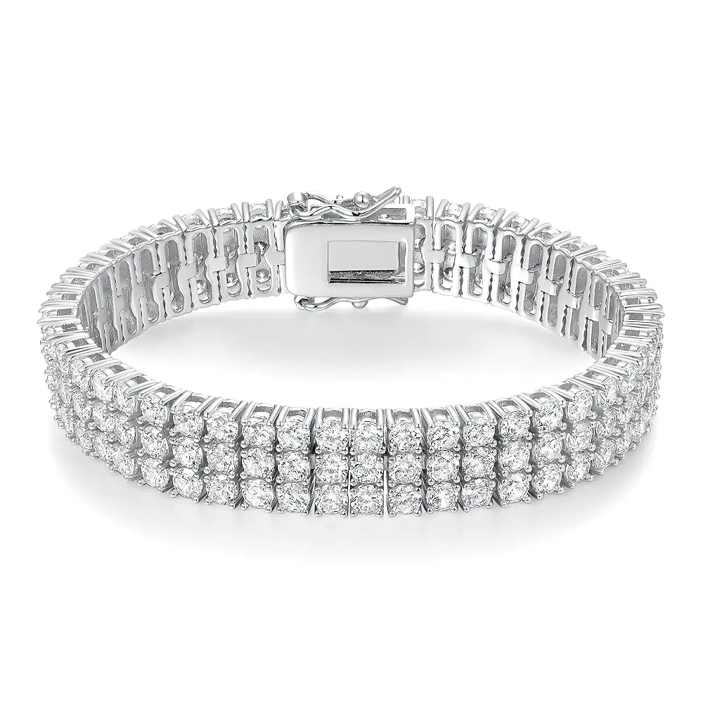 GEMSME Unisex 3 Row 9MM Tennis Bracelet for Women Men Round Cut Cubic Zirconia Hip Hop Stackable Bracelets with Secure Double-Latch Closure DB005