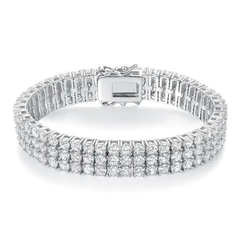 GEMSME AAAAA+ Brass Gold Plated 3-Row 9MM Round Cut Cubic Zirconia Combined Setting Tennis Bracelet - Stackable Fashion Wrist Jewelry, Unisex Daily Wear, Secure Double-Latch Closure, Men's Jewelry (DB005)