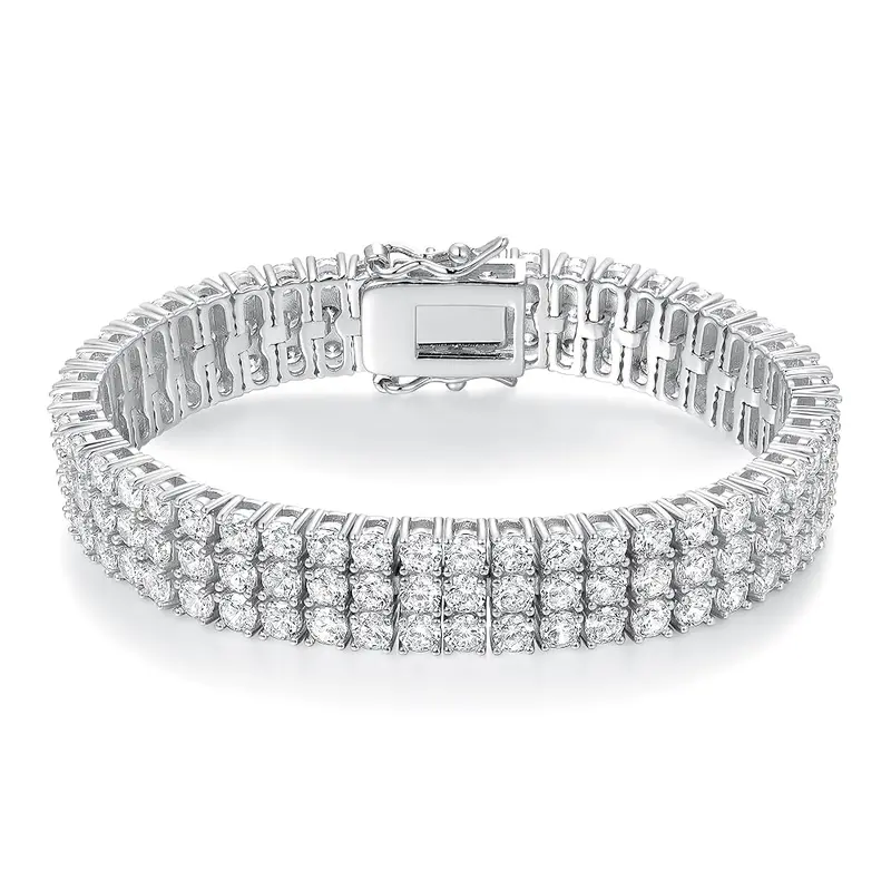 GEMSME AAAAA+ Brass Gold Plated 3-Row 9MM Round Cut Cubic Zirconia Combined Setting Tennis Bracelet - Stackable Fashion Wrist Jewelry, Unisex Daily Wear, Secure Double-Latch Closure, Men's Jewelry (DB005)