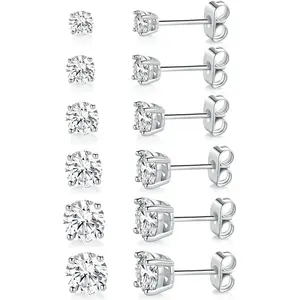 18K White Gold Plated 4 Pong Round Clear Cubic Zirconia Stud Earring Pack of 6 Pairs (6 Pairs)