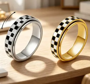 18K Gold-Plated Stainless Steel Virelyn Fidget Ring for Adults, Checkered Geometric Design Stress Relief Accessory, Ideal Gift outdoorfun