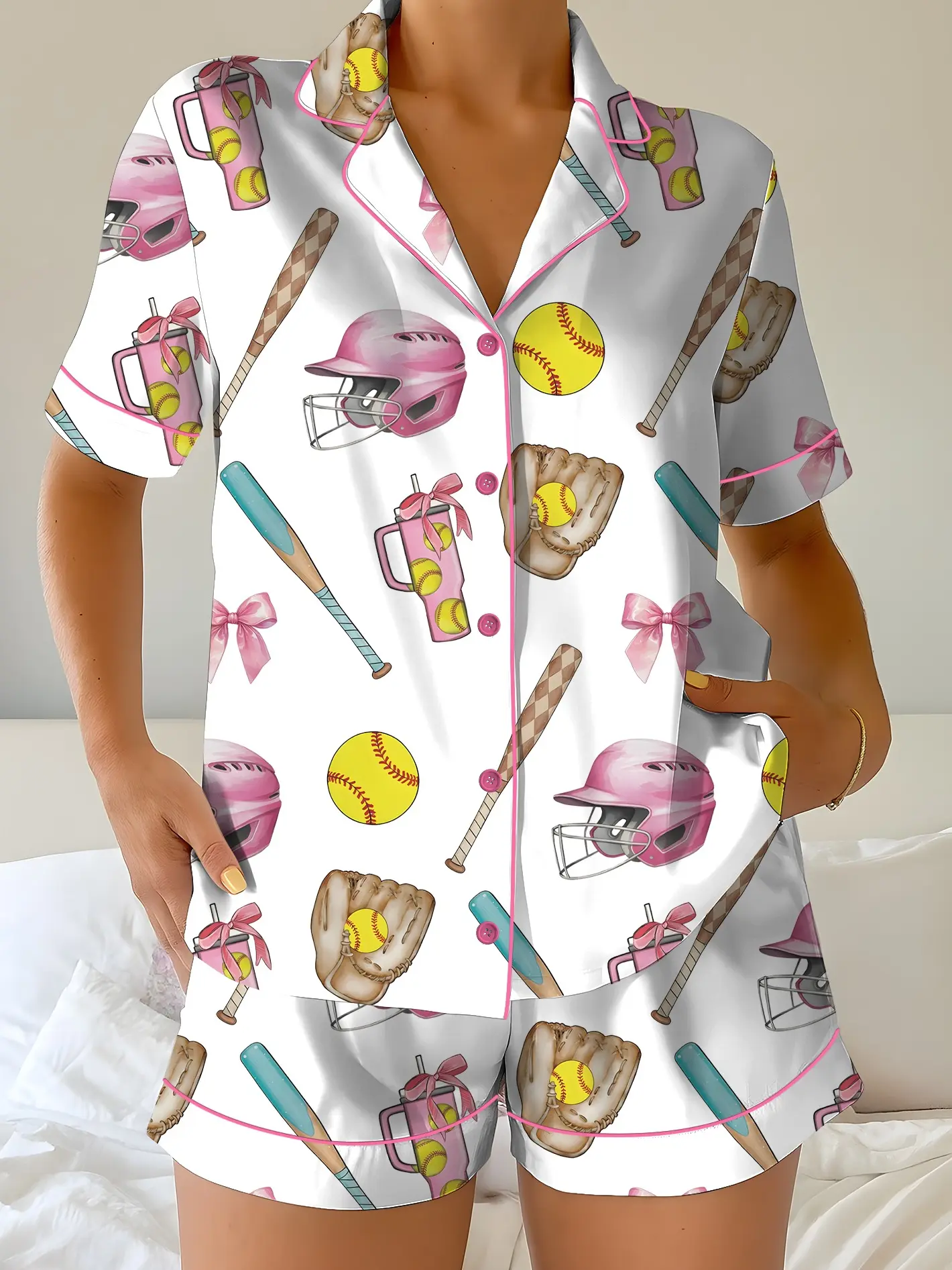 Softball Satin Pajamas Set, Women's White Satin Pajama Set – Softball Print Sleepwear, Sporty Summer Loungewear