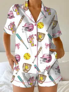 Softball Satin Pajamas Set, Women's White Satin Pajama Set – Softball Print Sleepwear, Sporty Summer Loungewear