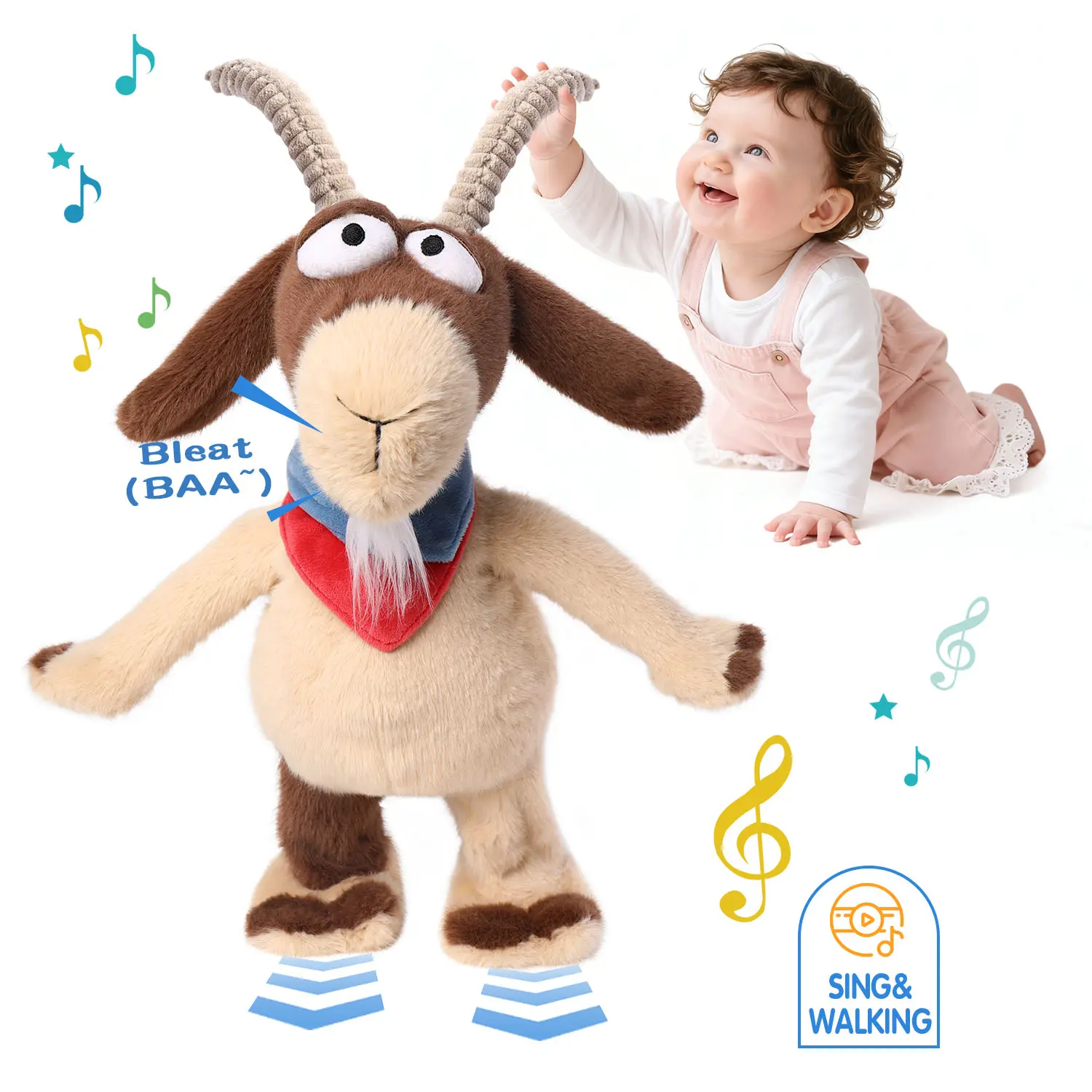 MIAODAM Interactive Walking Talking Goat Plush Toy - 14.57*6.3in, Repeat Talking, Walking & Sing, Bleat Scream, Dance, Educational Musical Stuffed Animal, Gift for 12+ Years Old (Birthday, Christmas)