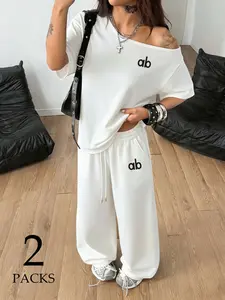 Women ab Letter Print Off-Shoulder Oversized T-Shirt & Wide Leg Pants Two Piece Set, Womenswear, Loose Fit, Soft Breathable Cotton Fabric, Perfect for Street Style, Daily Errands & Casual Lounging