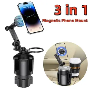 3 in 1 for Magsafe Magnetic Car Cup Phone Mount Stand Long Arm Holder with 2pcs Bottles Holder, 360° Magnet Phone Holder Cup Adapter Extender Expandable for Large Water Bottles Mug Drinks