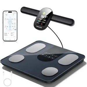 Smart Scale with BMI, Body Fat, Muscle Mass, 8 Electrode Weight Scale with 28 Full Body Composition, Scale for Body Weight with Retractable Handle, Large Color Display, 14", Rechargeable