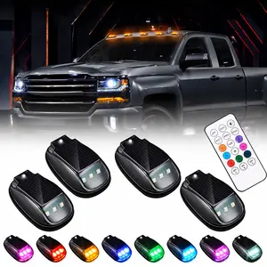 LED Truck Pickup Warning Lamps - 4PCS Solar RGB Cab Roof Lights, Wireless Remote Control, No Punch Waterproof with Vibration & Constant-On Modes, Night Visibility Safety Truck Accessories