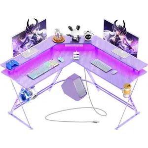 Gaming Desk 50.4” with LED Light & Power Outlets, L-Shaped Gaming Desk Carbon Fiber Surface with Monitor Stand, Ergonomic Gamer Table with Cup Holder, Headphone Hook, Purple