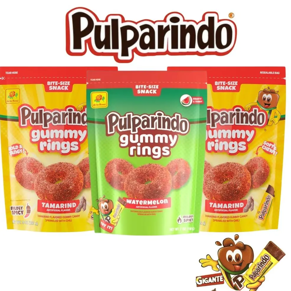 Pulparindo Gummy Rings Sweet Snack - 9 oz Bag - Tamarindo, Mango, Watermelon Flavors - Mexican Sugar Candy Treat, Bulk Candy Gomitas Dulces