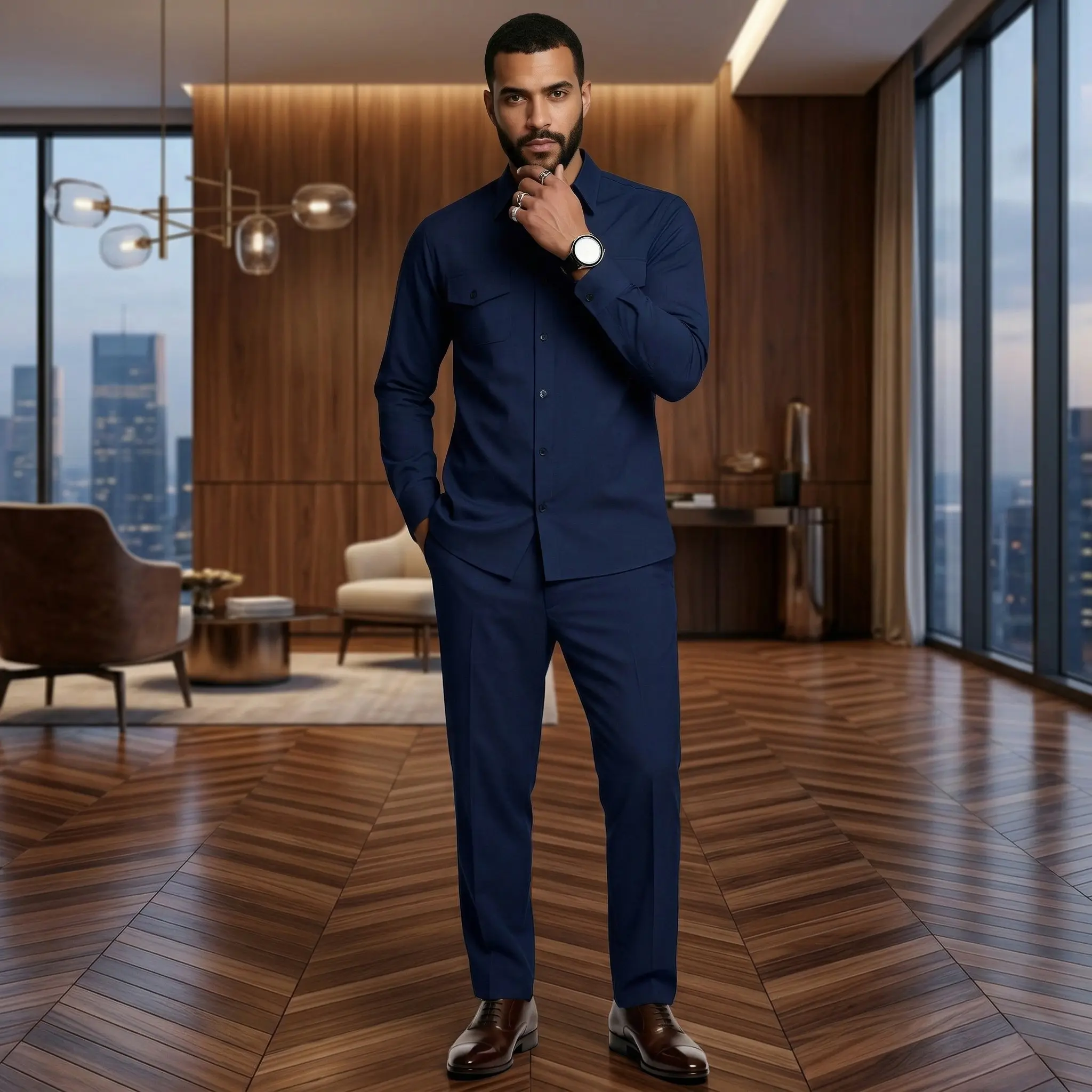 Men's 2-Piece Matching Set, Solid Stretch Polyester Long Sleeve Button-Down Top and Trousers, Basic Casual Menswear with Pockets, Classic