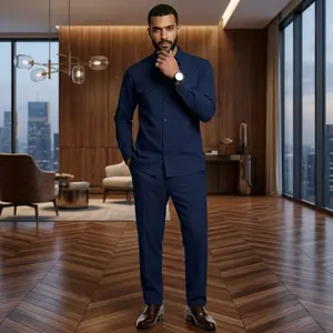 Top Men's 2-Piece Matching Casual Long-Sleeve Shirt and Trousers Set, 100% Polyester Stretch Woven Fabric, Turn-Down Collar, Dual Pockets, Machine Washable, Versatile Menswear Suitable for 3 Seasons