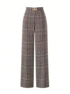 Women's Vintage Plaid High Waist Wide Leg Pants, Metal Buckle Waist Slimming Long Trousers, Casual Commuter Office Wear