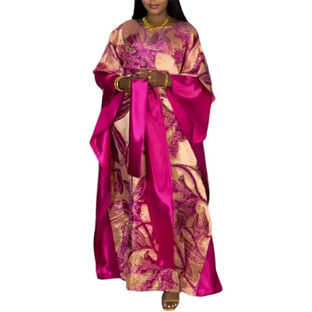 HD Fashion African Jacquard Kaftan Dress for Woman Fancy Party Gown with Headwrap