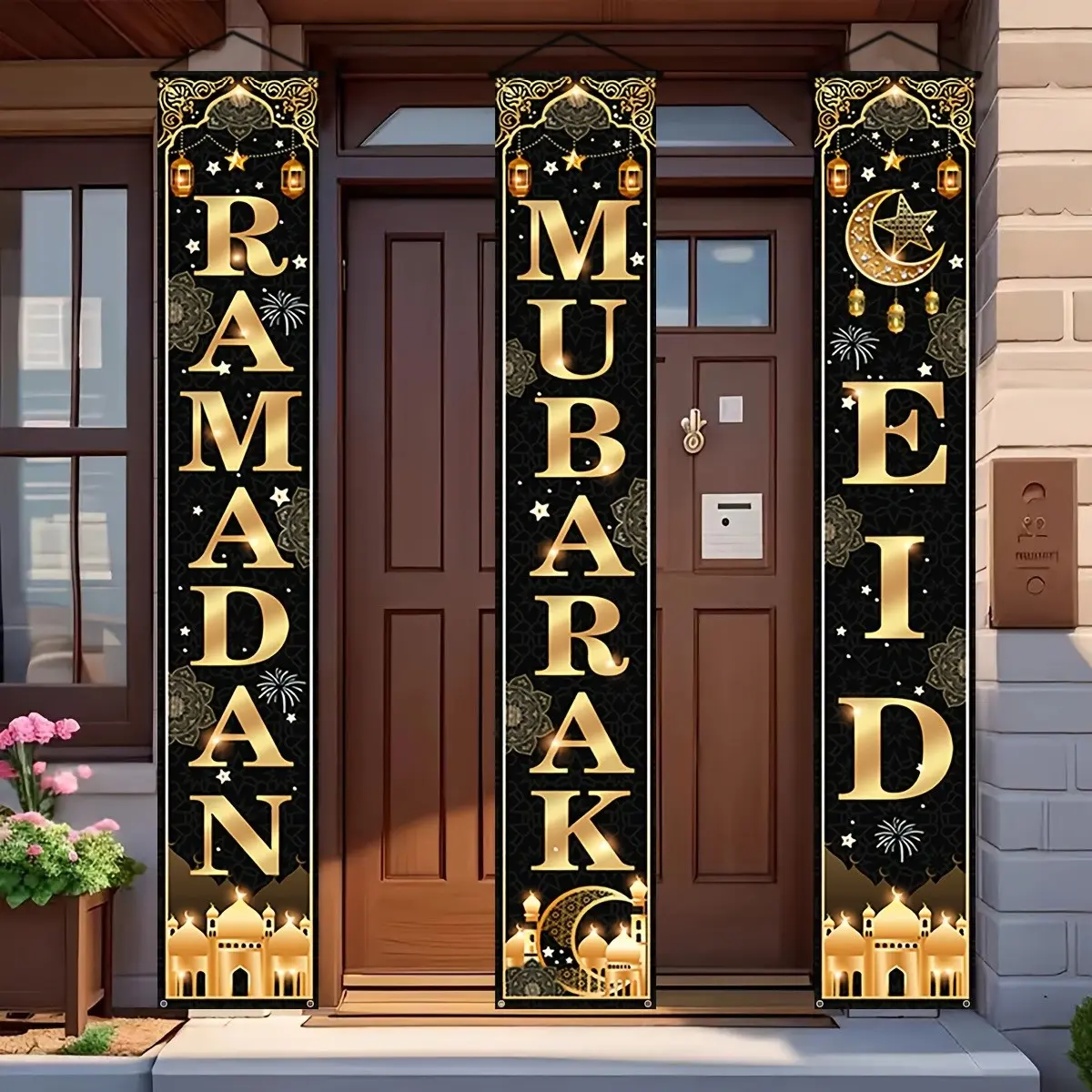 2D Eid Mubarak Door Sign 3-Piece Set for Indoor Outdoor Use, Outdoor Banners, Perfect for Islamic Celebration Decor, Party Decoration Supplies, Ideal Gift for Muslim Friends and Family