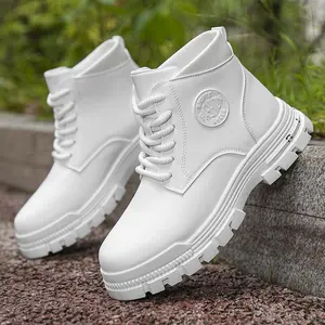 Men's British Style White Boots - Heavy-Duty PU Upper & PVC Sole, Chunky Rugged with Lace-Up Closure, Round Toe Short for Outdoor,, Casual Wear