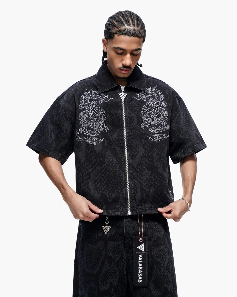 Women's Oversized Streetwear Zip-Up Jacket Clothes - Black Wash Textured Depth Fabric, Zipper Closure, Embroidered Dragon Design, for All-Black Styling, Layered Looks