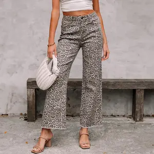 Women'sBrownLeopardWideLegRawHemHighwaistJeansDenimBottom