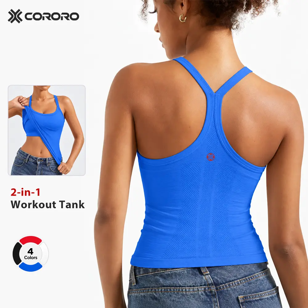 CORORO Women’s Padded Longline Racerback Workout Tank Top with Built-In Bra - Female Slim Tight Stretch Knit Seamless Lightweight Universal Sports Camisole, Mesh Vents, Light Support, Sleeveless for Yoga Gym
