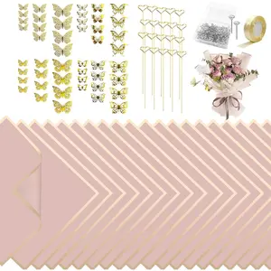 189 count Flower Bouquet Wrapping Paper Kit, 20 Sheets  Floral Wrap, 20 Metal Card Holders, 48  Butterflies, 100 Pins, 25Yd Ribbon for DIY  Packaging & Florist Supplies