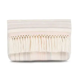Mercado Global Margarita Chic Clutch - Handcrafted Macramé Fringe & Shell-Striped Weave for Spring Summer Accessory