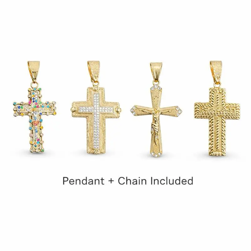 5 styles Crucifix - 14K Gold Plated Cross Pendant Figaro Link 18-24 Inch 3mm-6mm Necklace Chain Religious Unisex Jewelry