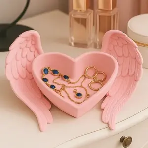 Angel Wing Heart Shaped Trinket Dish, Cute Resin Jewelry Tray Earring Holder Organizer for Rings Earrings Keys, Aesthetic Home Decor for Bedroom Desk Vanity, Perfect Gift for Girls