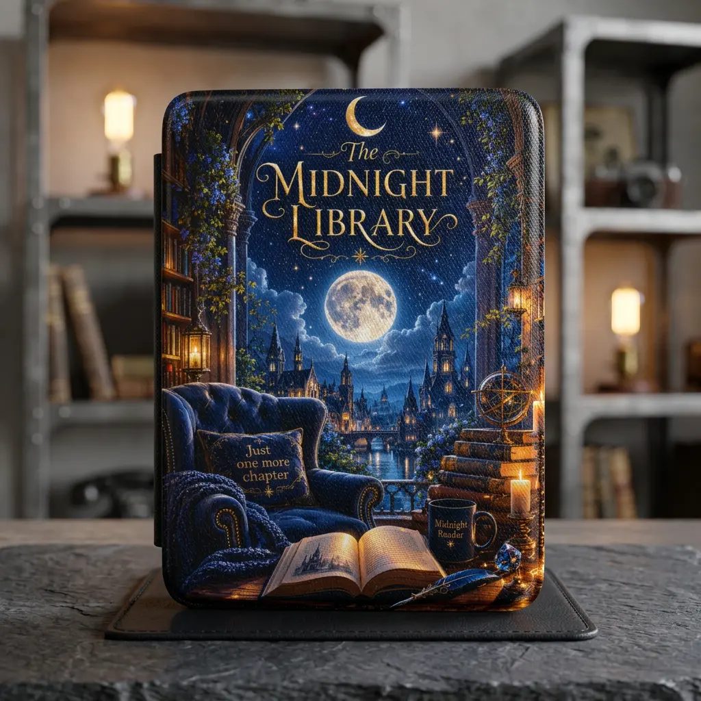 Durable Leather Kindle Case with Smooth Lid, Casual Midnight Library Design, Moonlit Bookshelf Print, Screen Protection for Universal-Size E-Reader Device - Ideal for Book Lovers
