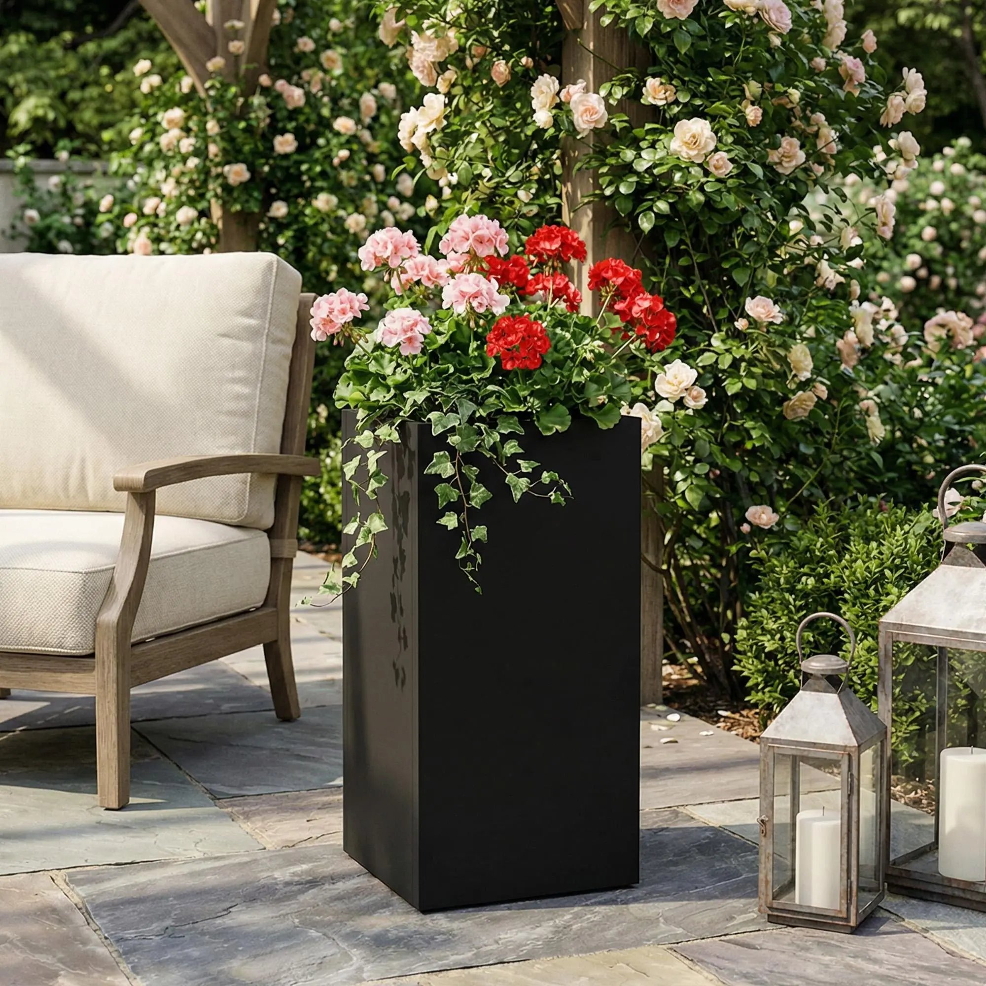 26" Tall Minimalist Rectangular Matte Black Wrought Iron Metal Planter - Large Indoor-Outdoor Plant Holder for Patio, Living Room