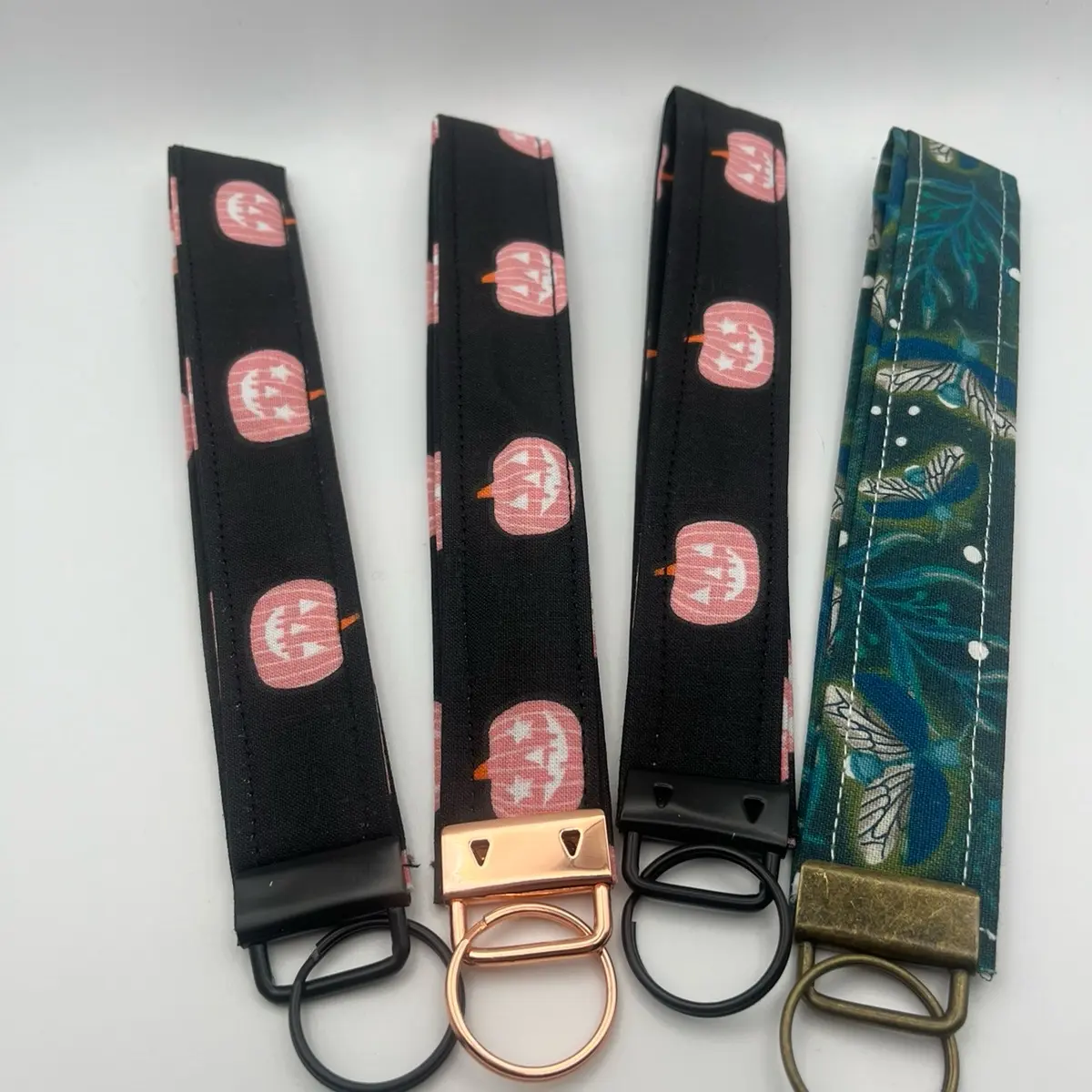 Halloween/Fall Handmade Wristlet Keychain with Pumpkin Design & Firefly Key Fob Glows in the Dark Strap