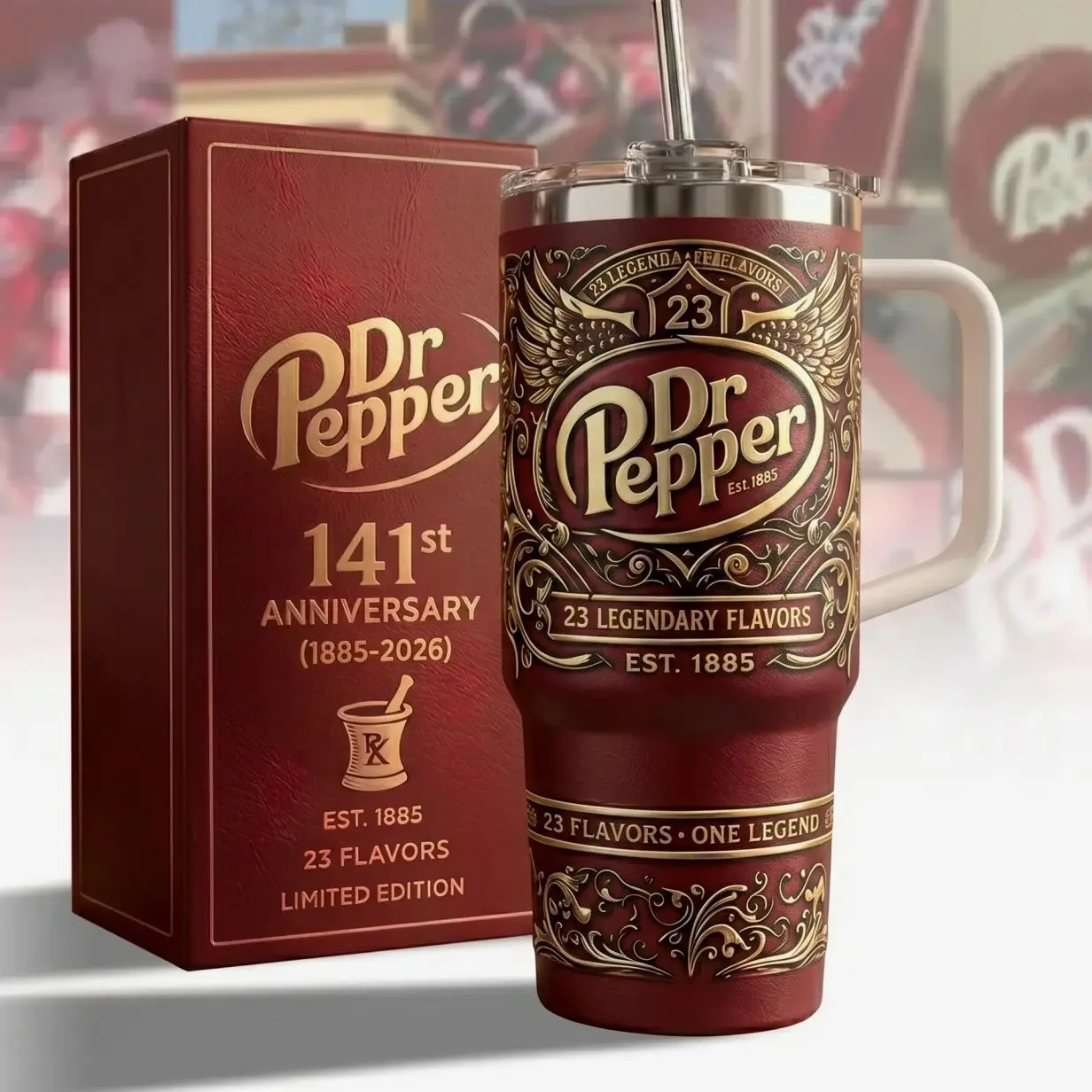 Docter Pepper 141st  Anniversary Tumbler 40oz With Handle & Straw, Limited Edition 1885-2026 Collector Cup, Retro Soda Fan Gift, Vintage Dr Pepper Drinkware, 23 Flavors Stainless Steel Travel Mug, Insulated Beverage Tumbler