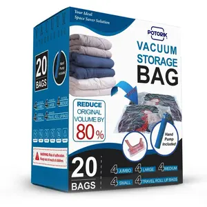 POTORIK Vacuum Storage Bags 20 Pack Compression Bags with Hand Pump, Water-Proof, Includes Jumbo, Large, Medium, Small & Travel Roll Bags - Organiser