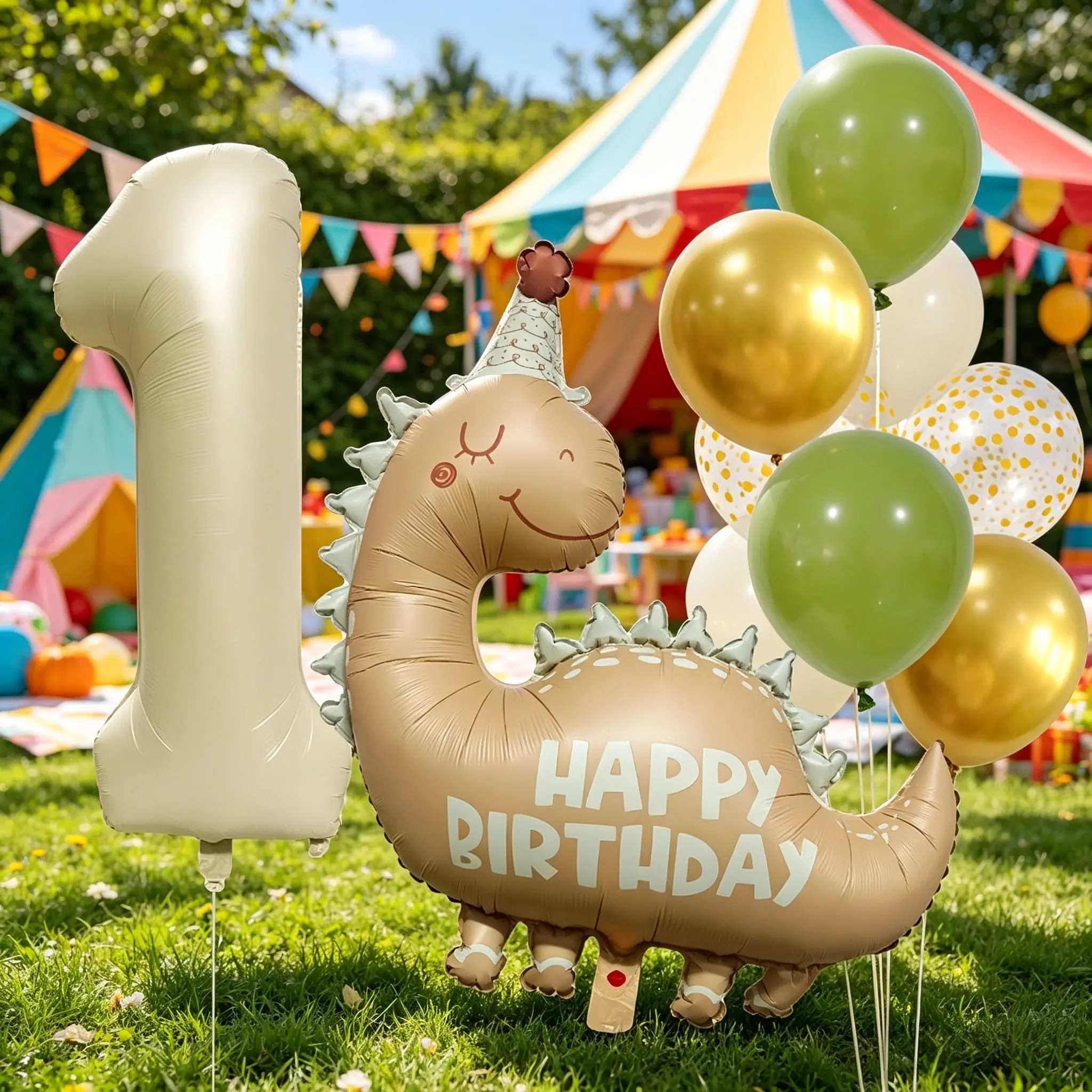 12-Piece Dinosaur Number Balloon Set, Cream Color 32-Inch Balloons, Matte Birthday Hat, Latex & Glitter Balloons, Kids Party Decor, Balloon Decorations Kit