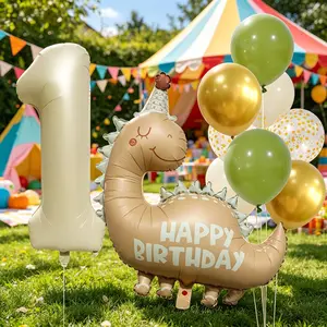 12-Piece Dinosaur Number Balloon Set, Cream Color 32-Inch Balloons, Matte Birthday Hat, Latex & Glitter Balloons, Kids Party Decor