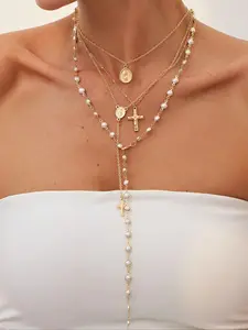 4 Piece Vintage Metal Jesus Cross Y-shaped Long Necklace Set, Bohemian Style Artificial Pearl Pendant, Ideal for Women Daily Wear and Holiday Gift, Faux Pearl Jewelry