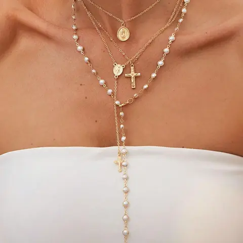 4 Piece Vintage Metal Jesus Cross Y-shaped Long Necklace Set, Boho Style Necklace, Bohemian Style Artificial Pearl Pendant, Ideal for Women Daily Wear and Holiday Gift, Faux Pearl Jewelry, Religious Jewelry, Faith Necklace, Summer Style Jewelry