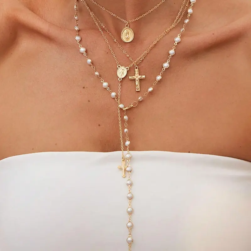 4 Piece Vintage Metal Jesus Cross Y-shaped Long Necklace Set, Boho Style Necklace, Bohemian Style Artificial Pearl Pendant, Ideal for Women Daily Wear and Holiday Gift, Faux Pearl Jewelry, Religious Jewelry, Faith Necklace, Summer Style Jewelry