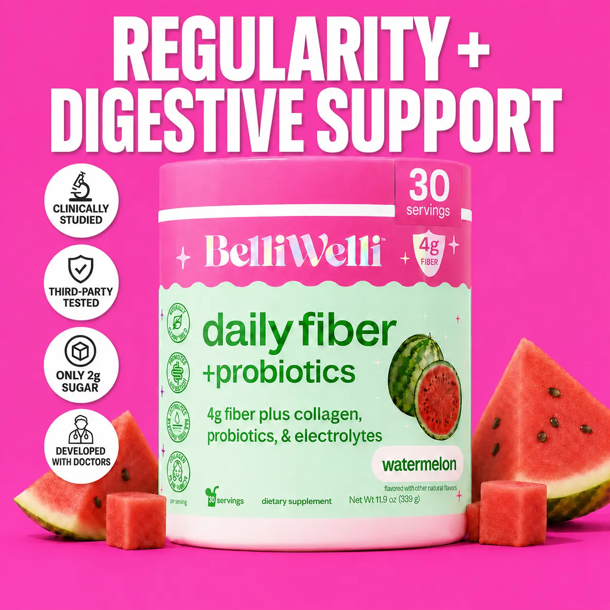 BelliWelli Daily Fiber + Probiotics + Collagen - Watermelon Health Fitness