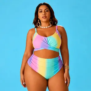 Plus Size Rainbow Gradient Bikini Set for Women High Waisted Two Piece Swimsuit Scoop Neck Wrap Front Swimwear with Open Back Tie Detail Pastel Color Block Beach Vacation Poolside Resort Bathing Suit
