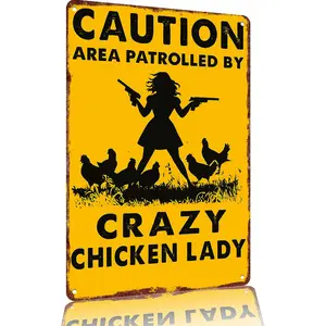 Chicken Metal Sign Caution Area Patrolled By Crazy Chicken Lady Vintage Signs Funny Chicken Sign For Bar Coffee Shop Chicken Coop Farm Wall Decor Sign