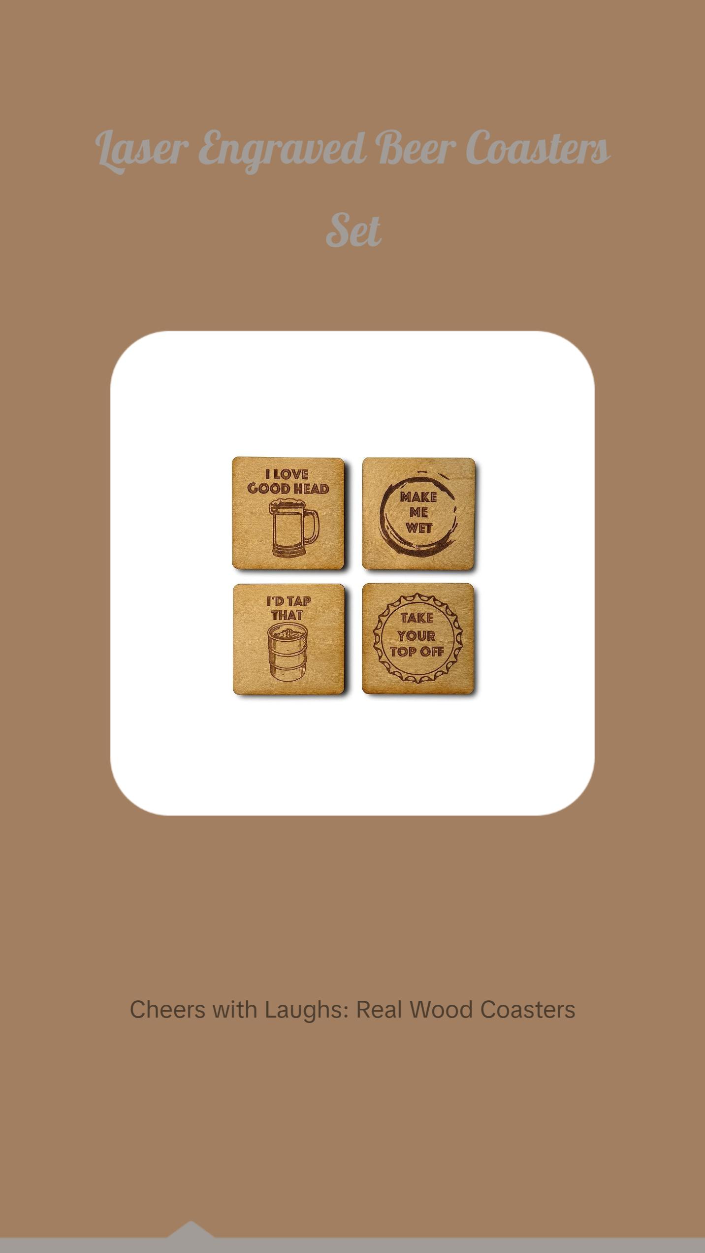 Beer Coasters | Set of 4  | Laser Engraved Real Wood Drink Coaster with Cork Backing - Housewarming Gift