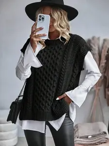Women's Plain Twisted Knit Sweater Vest, Casual Sleeveless Round Neck Jumper Vest for Daily Wear, Ladies Knitwear for All Seasons, Tops