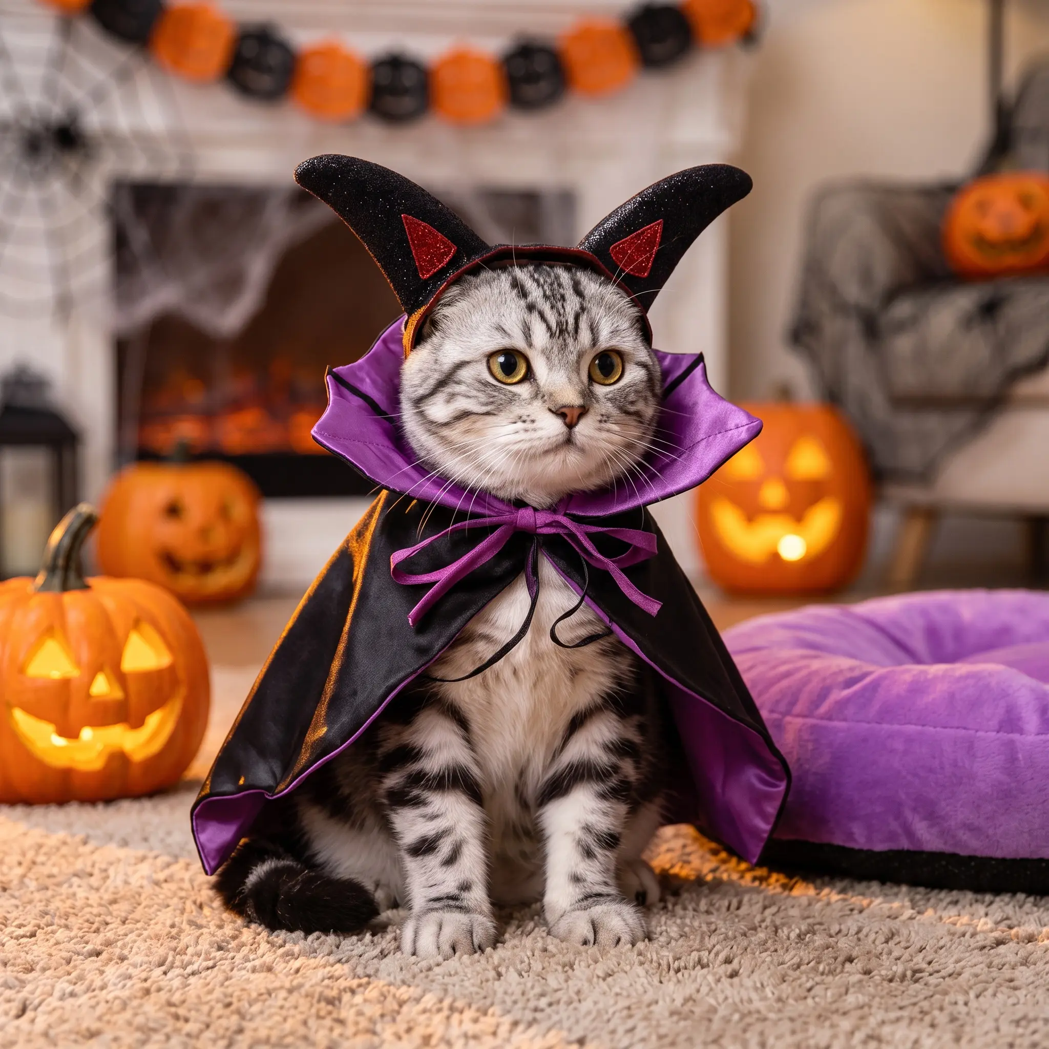 Pet Halloween Vampire Costume Set, Devil Horn Headband with Black Purple Cloak, Adjustable Cosplay Outfit for Small Cats and Dogs, Holiday Party Photo Accessories