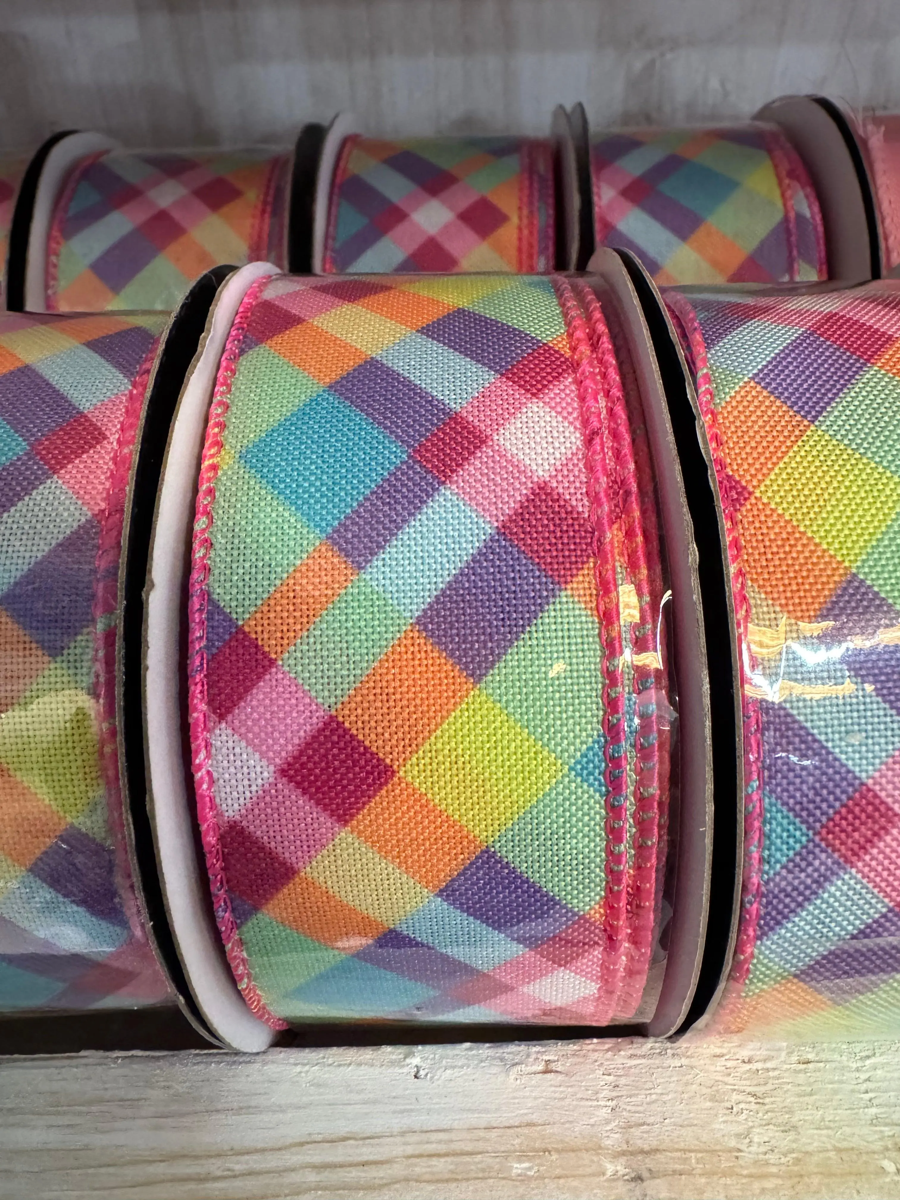 1.5 in Plaid Ribbon, Bright Decorative Accessory for Wreaths, Easter Baskets (Office Stationery & Gift Wrapping Supply)