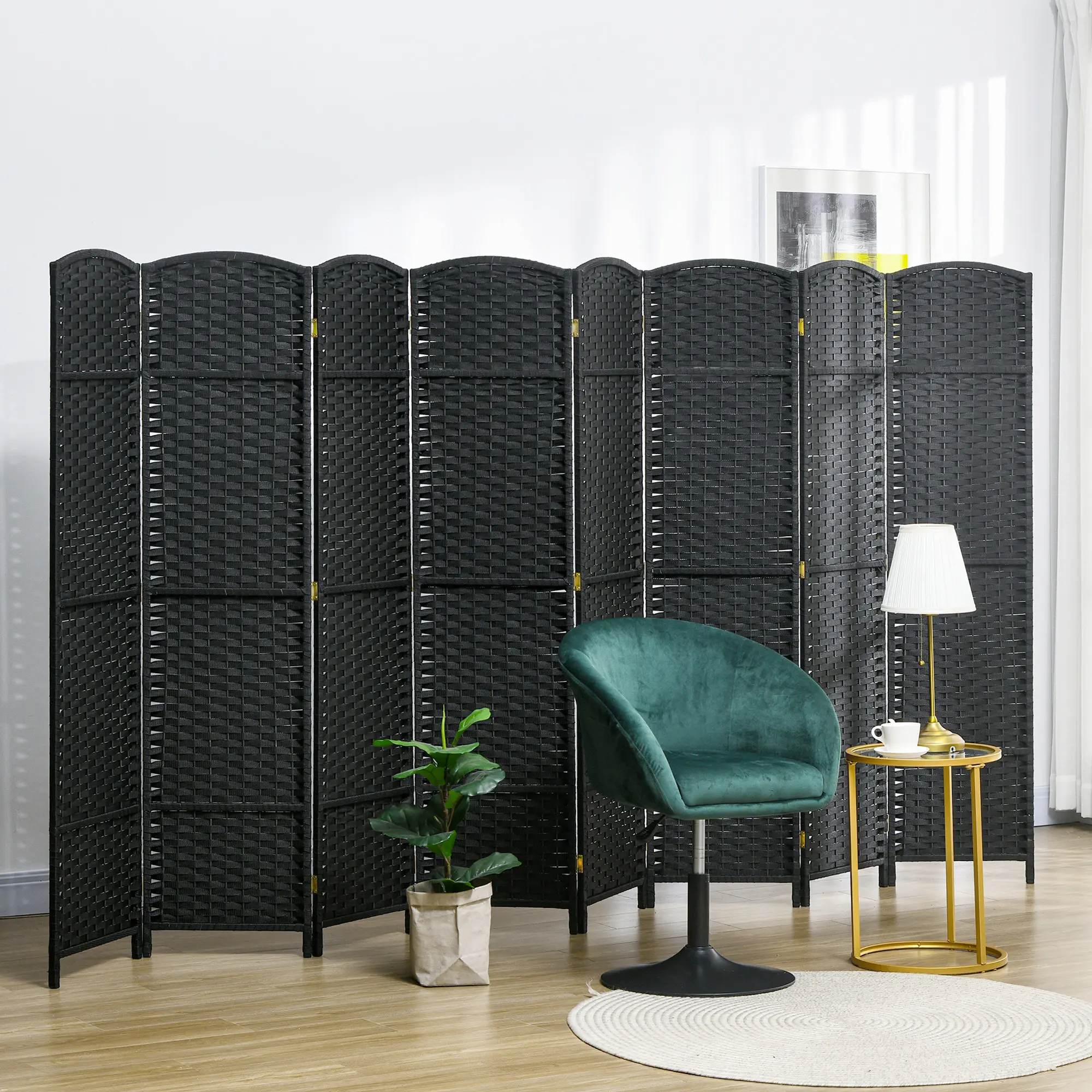 Black Folding Room Divider Screen - 8-Panel, 5.6' Tall Freestanding Privacy Partition for Home Office, Bedroom, Sunscreen Shading Indoor Furniture