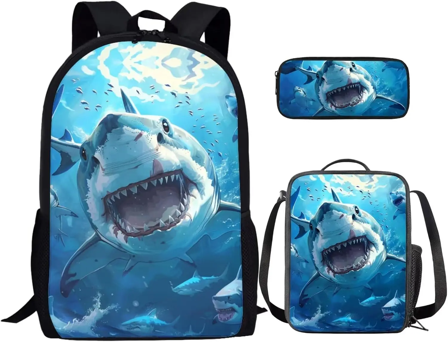 Shark Large School Backpack with Lunch Box & Pencil Case, for 8-12 Year-Olds, Sports Outdoor Camping Hiking Rucksack
