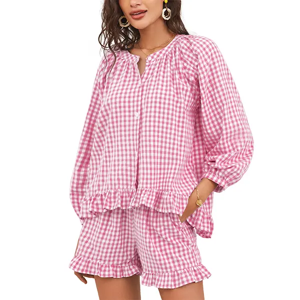 Women's Cotton Gingham Pajama Set, Ruffle Long Sleeve Top & Shorts Loungewear with Pockets