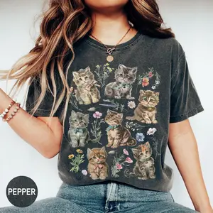 Comfort Colors Retro Kitten & Flowers Shirt, Cottagecore Cat Lover Tee